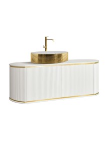 MOBILI 2G - Mobile bagno sospeso contemporaneo 2 ante cannettato legno bianco oro e cromo 117x50x43 (125) vista frontale