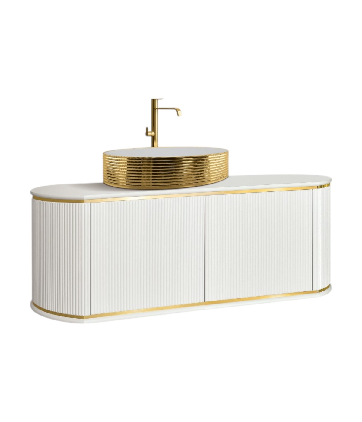 MOBILI 2G - Mobile bagno sospeso contemporaneo 2 ante cannettato legno bianco oro e cromo 117x50x43 (125) vista frontale
