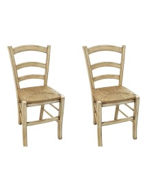 MOBILI 2G - Set 2 sedie legno shabby avorio consumato seduta paglia 43x46x89 VISTA FRONTALE