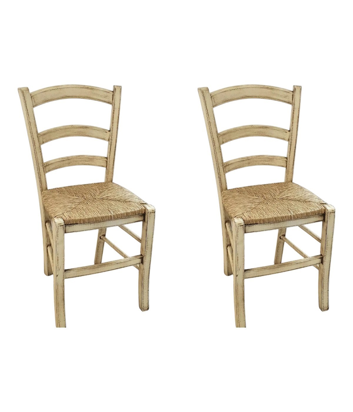 MOBILI 2G - Set 2 sedie legno shabby avorio consumato seduta paglia 43x46x89 VISTA FRONTALE