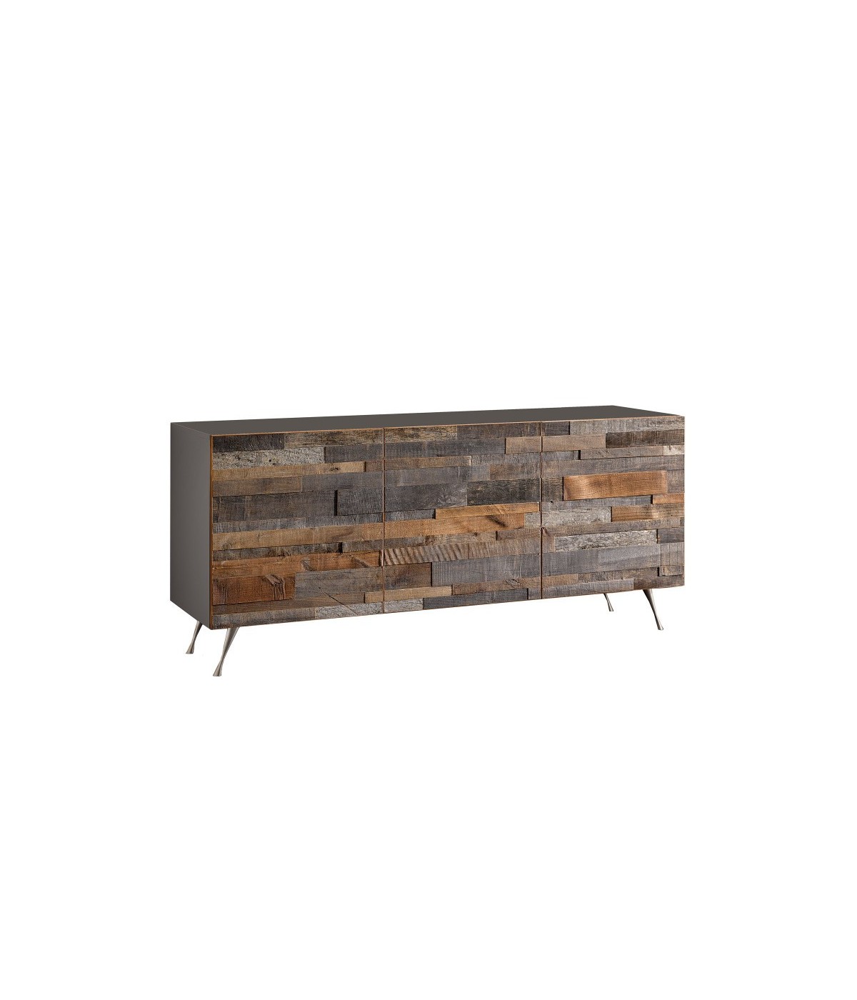 MOBILI 2G - Madia 3 Ante contemporanea Legno mosaico gambe acciaio 189X47X80 (302) VISTA FRONTALE