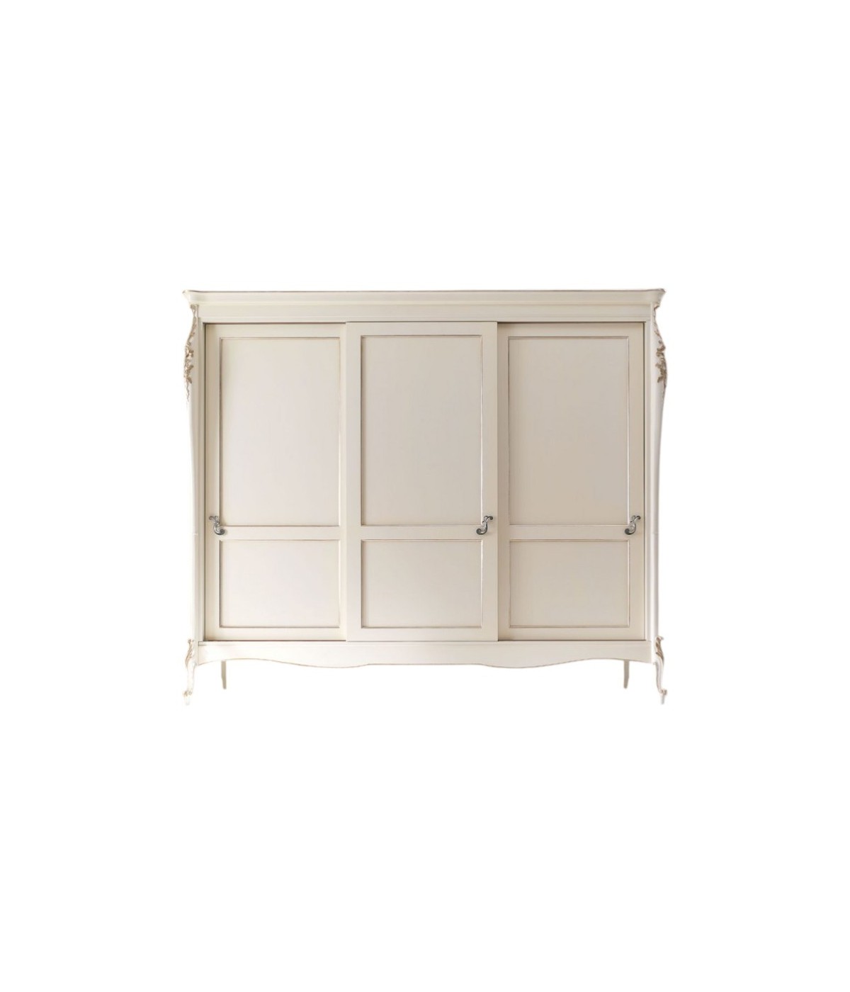 MOBILI 2G - ARMADIO 3 ANTE SCORREVOLI CLASSICO IN LEGNO CON INTAGLIO BIANCO L.260 P.69 H.225 vista frontale