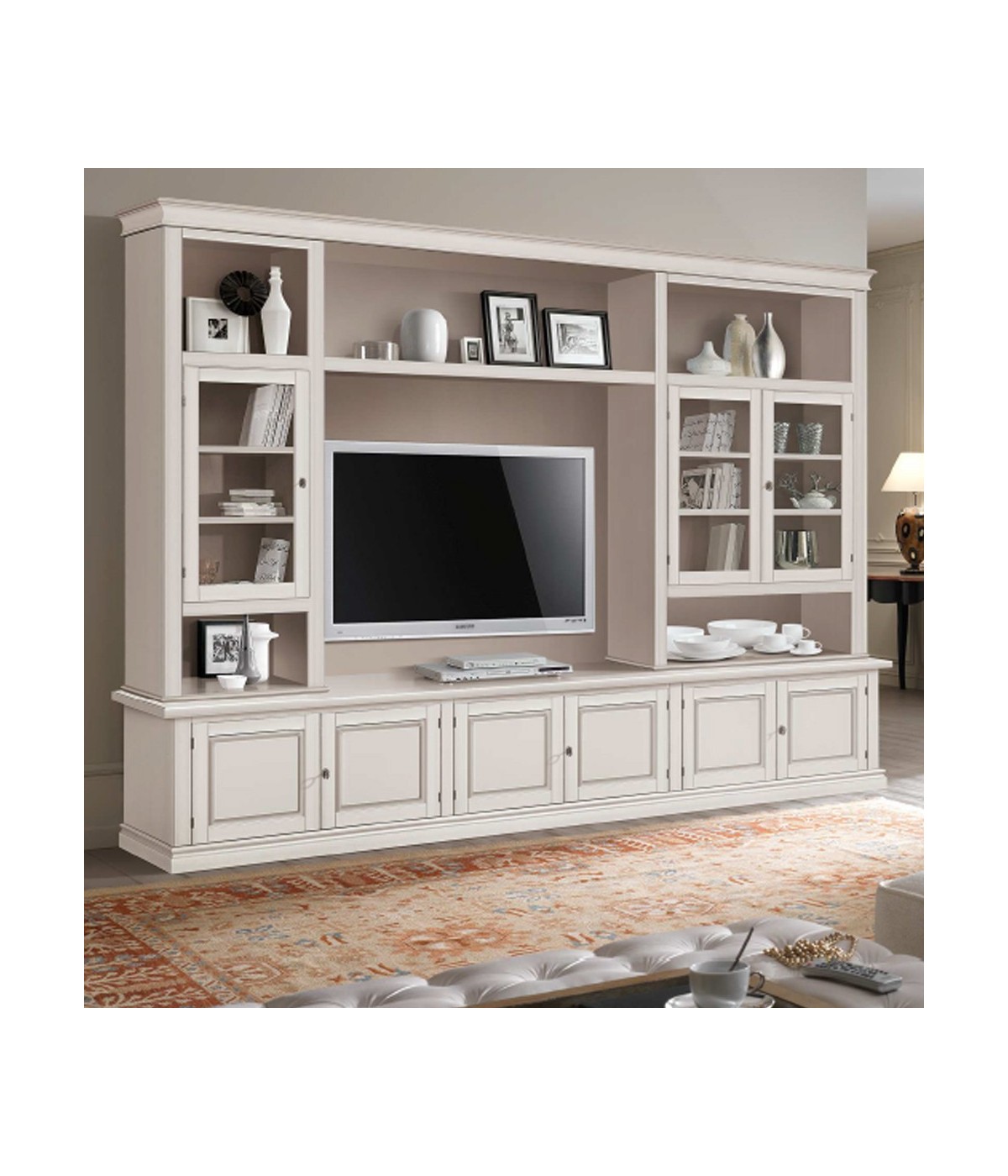 MOBILI 2G - Parete attrezzata in legno shabby avorio anticato 286x50x227