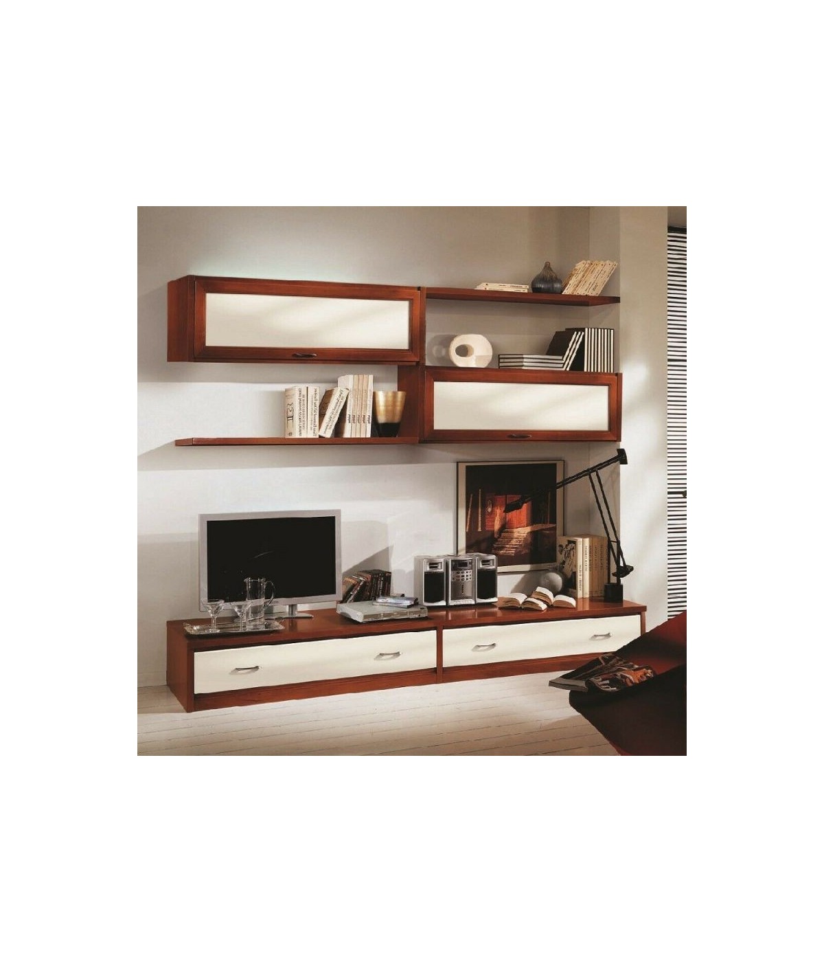 MOBILI 2G - Parete attrezzata in legno shabby chic bianco avorio e noce 209x36/45x220 VISTA FRONTALE