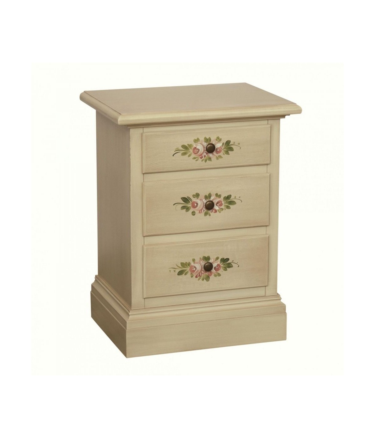 MOBILI 2G - Comodino 3 cassetti legno shabby avorio anticato decori 50x38x65 VISTA FRONTALE