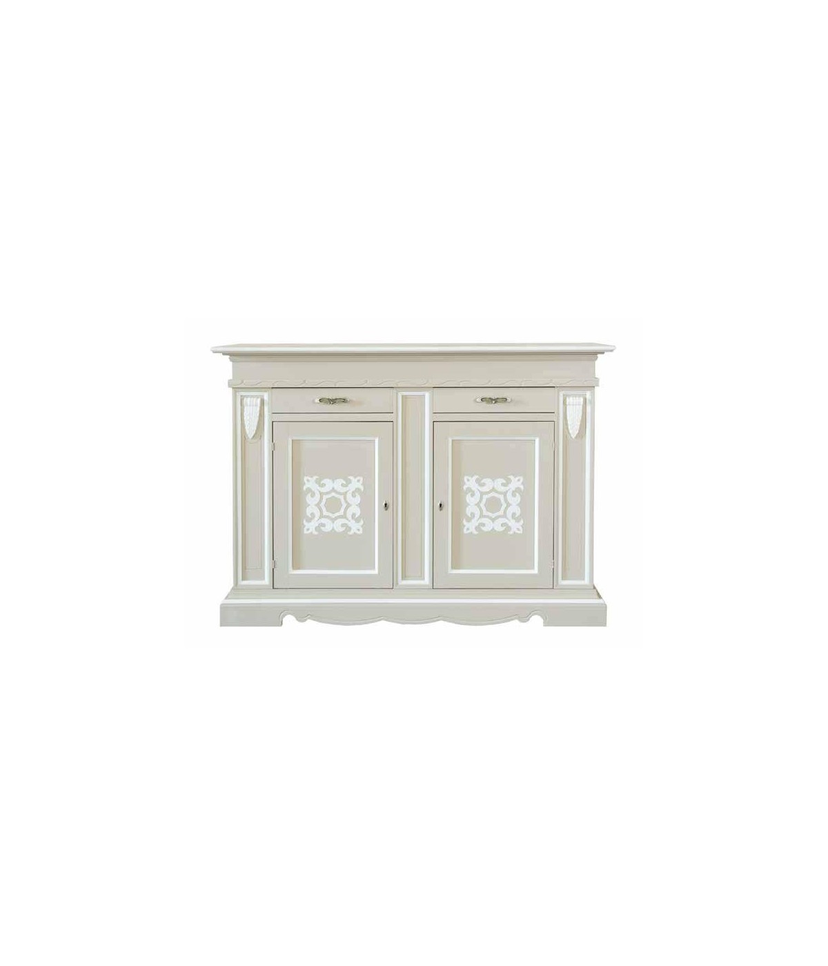 MOBILI 2G - Credenza legno 2 porte 2 cassetti legno shabby tortora profilo bianco 170X55X123 (1233) VISTA FRONTALE
