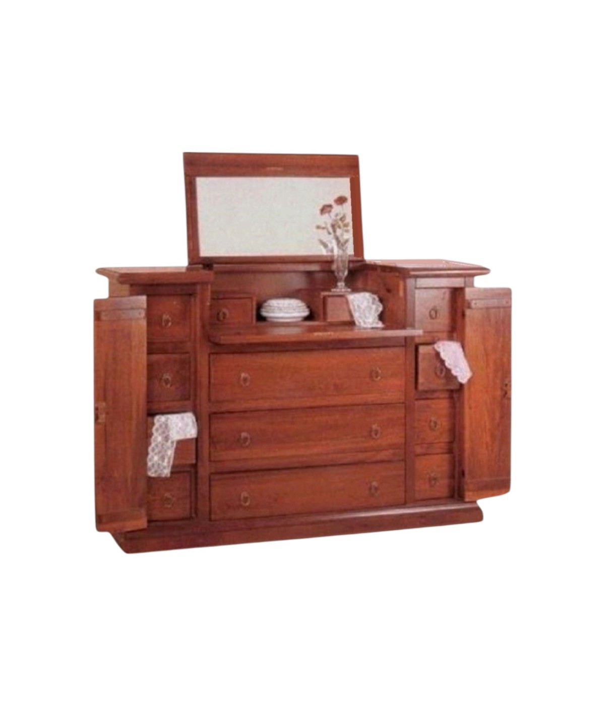 MOBILI 2G - Cassettiera arte povera 13 cassetti con ribalta legno tinta noce 144x54x95 (74) VISTA FRONTALE