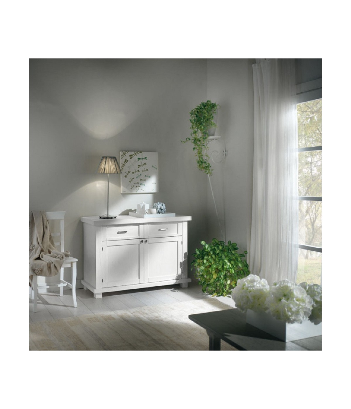 MOBILI 2G - MADIA CREDENZA IN LEGNO MASSELLO 2 ANTE LACCATO BIANCO L.120 P.45 H.83