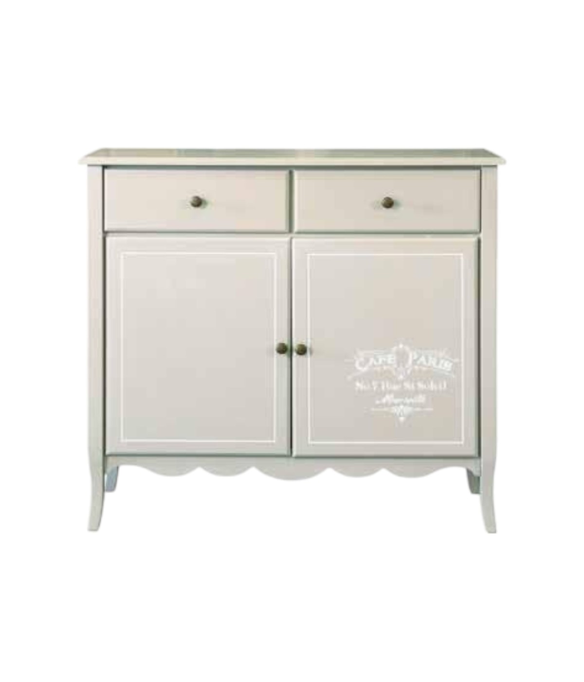 MOBILI 2G - Credenza legno 2 porte 2 cassetti legno shabby tortora bianco scritte 110X35X100 (1238) vista frontale