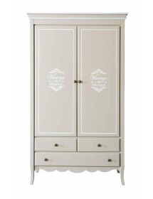 MOBILI 2G - Armadio legno 2 porte 3 cassetti legno shabby tortora bianco scritte 110X55X190 (1236) VISTA FRONTALE