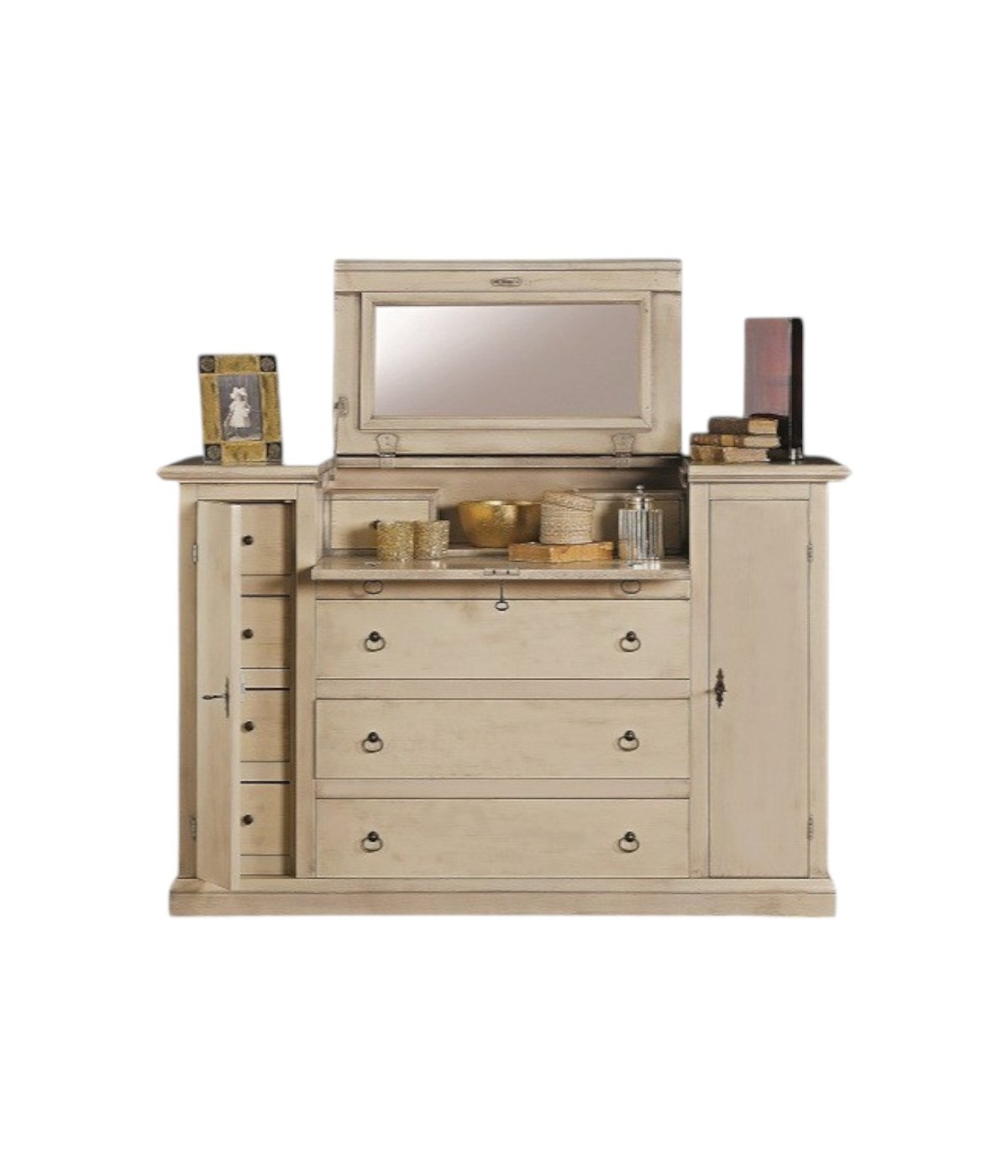 MOBILI 2G - Cassettiera arte povera 13 cassetti con ribalta legno vari colori 144x54x95 (125) vista frontale