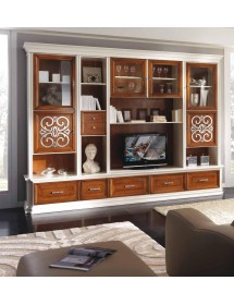 MOBILI 2G - Parete attrezzata classica in legno bianco noce particolari argento 328x55x245 (1227) VISTA FRONTALE