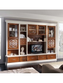 MOBILI 2G - Parete attrezzata classica in legno bianco noce particolari argento 328x55x245 (1227) VISTA FRONTALE