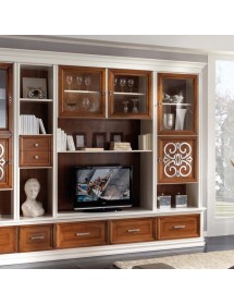 MOBILI 2G - Parete attrezzata classica in legno bianco noce particolari argento 328x55x245 (1227) VISTA FRONTALE