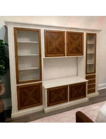 MOBILI 2G - Parete attrezzata shabby legno bianca noce bassano con intarsi 298x56x237 (343F) VISTA FRONTALE