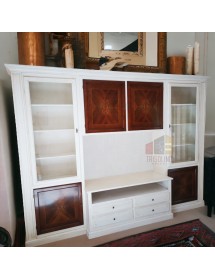 MOBILI 2G - Parete attrezzata shabby legno bianca noce con intarsi 322x56x237 (344) vista frontale