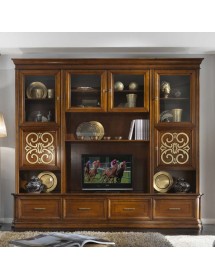 MOBILI 2G - Parete attrezzata classica in legno noce bassano particolari oro 281x55x245 (1229) vista frontale