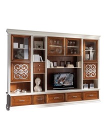 MOBILI 2G - Parete attrezzata classica in legno bianco noce particolari argento 328x55x245 (1227) VISTA FRONTALE