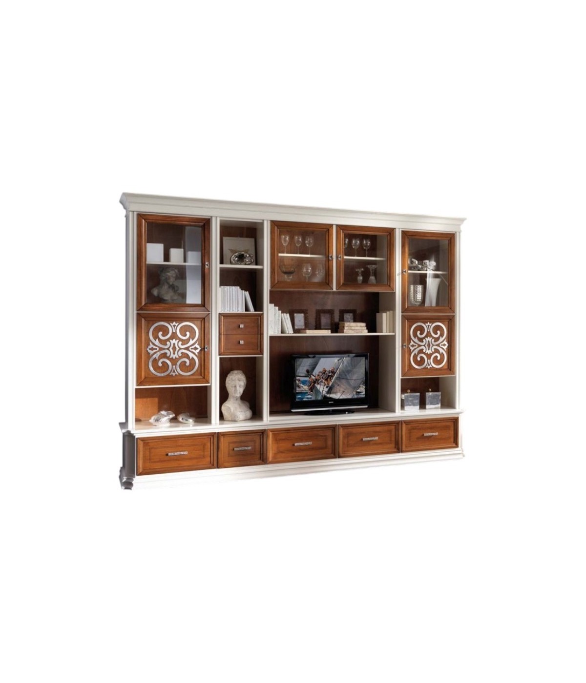 MOBILI 2G - Parete attrezzata classica in legno bianco noce particolari argento 328x55x245 (1227) VISTA FRONTALE