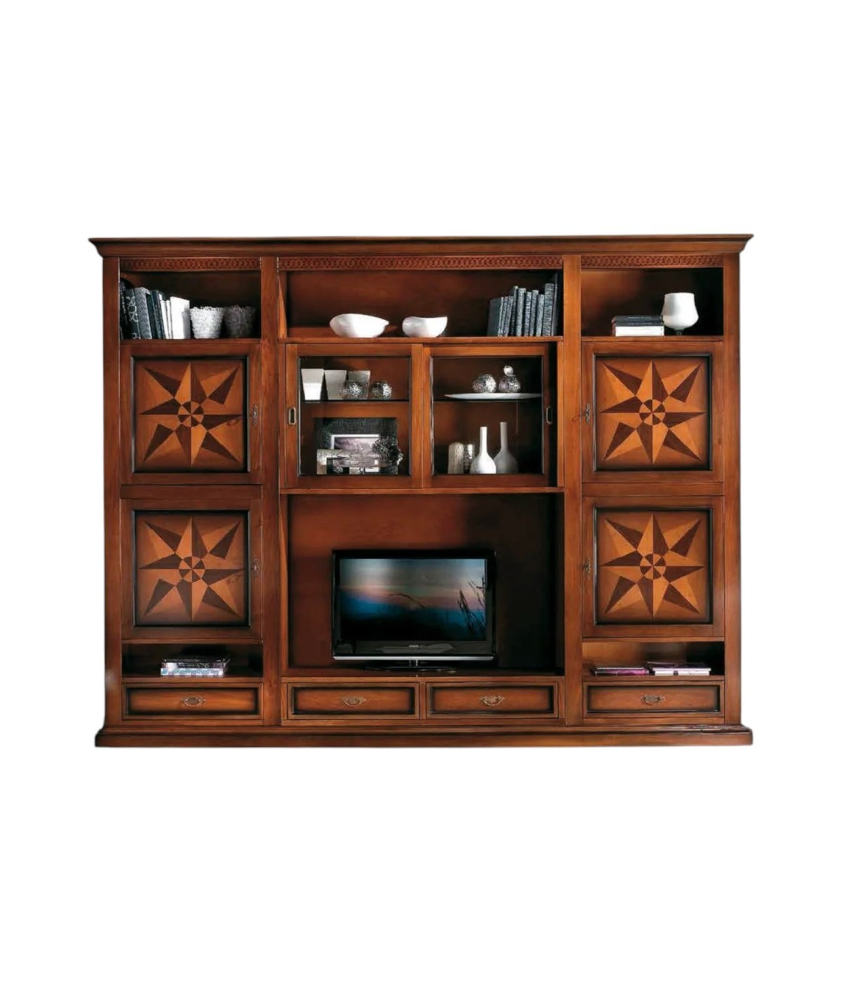 MOBILI 2G - PARETE ATTREZZATA PORTA TV IN LEGNO TINTA NOCE L.306 P.43 H.236