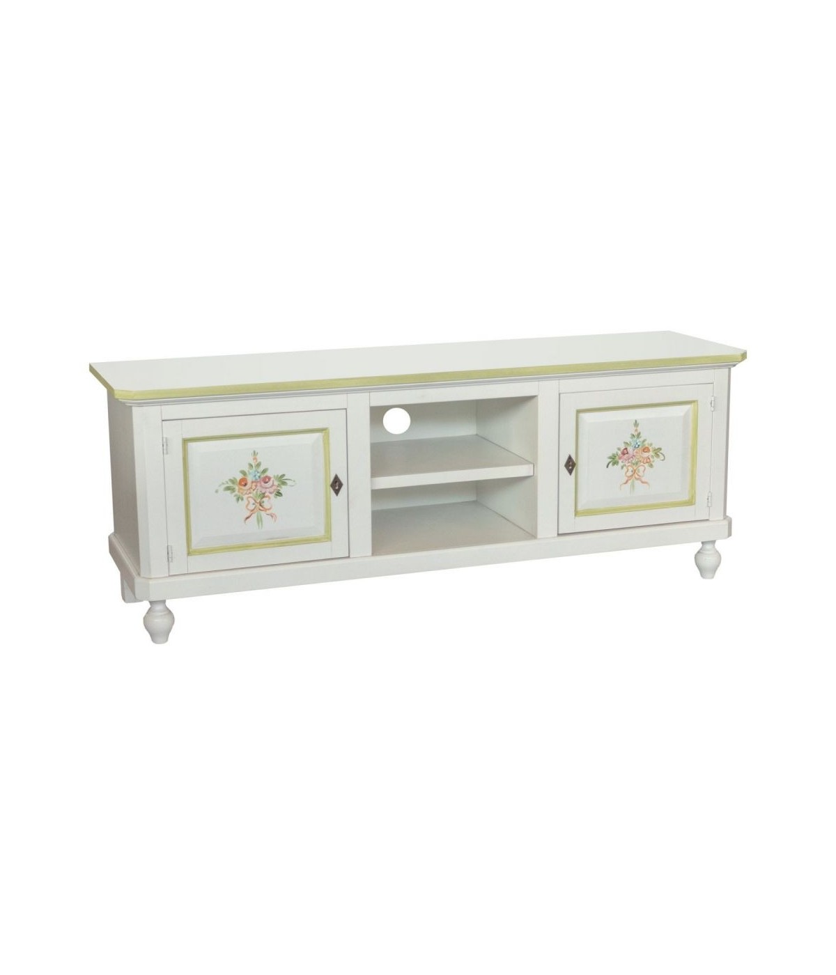 MOBILI 2G - Porta tv in legno 2 ante shabby bianco decoro filo verde 150X43X56 VISTA FRONTALE
