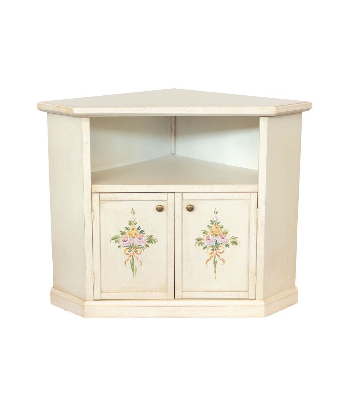 MOBILI 2G - Porta tv in legno 2 ante shabby bianco anticato con decoro 72X63X80 VISTA FRONTALE