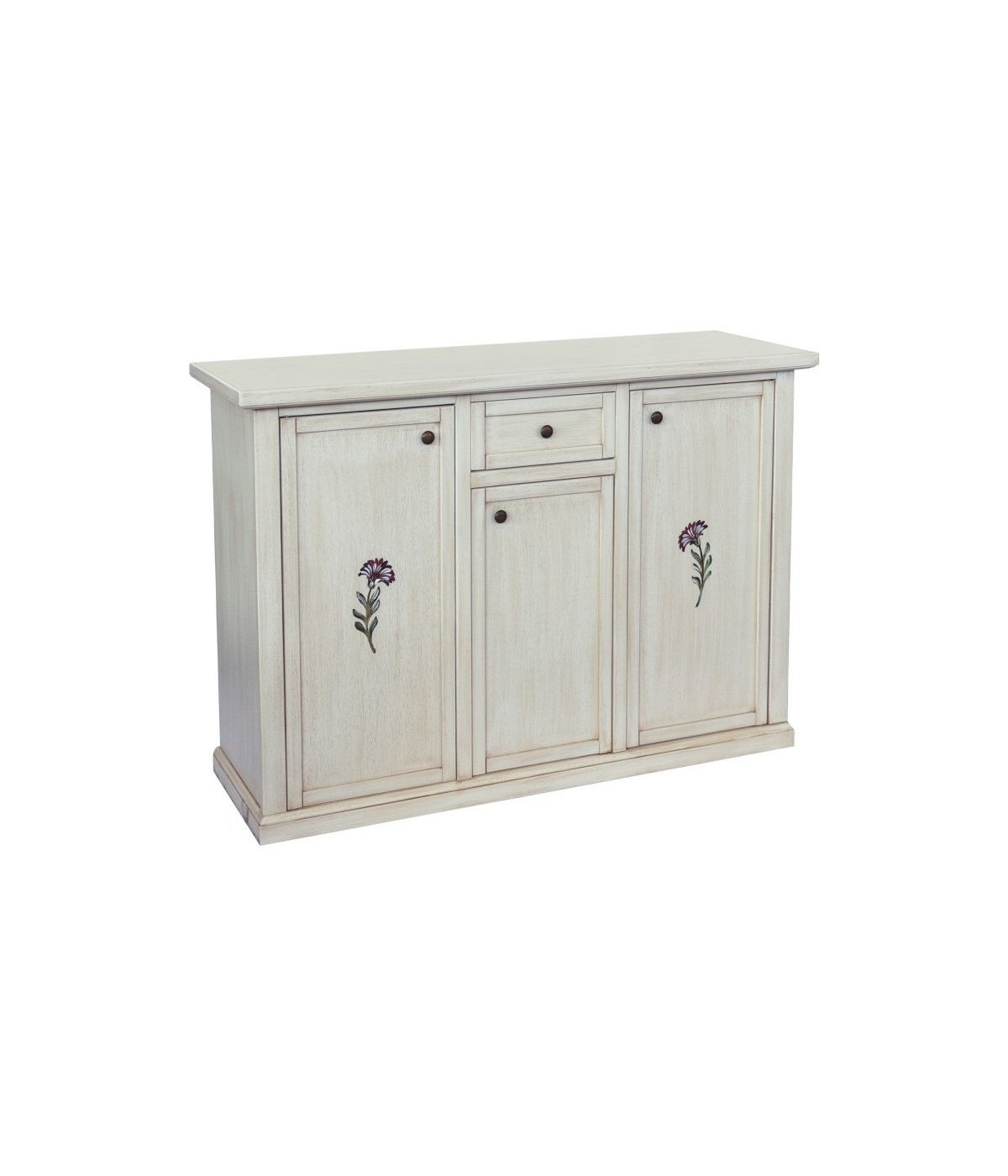 MOBILI 2G - Madia Credenza 3 porte 1 cassetto shabby bianco anticato decori 120X39X85 vista frontale