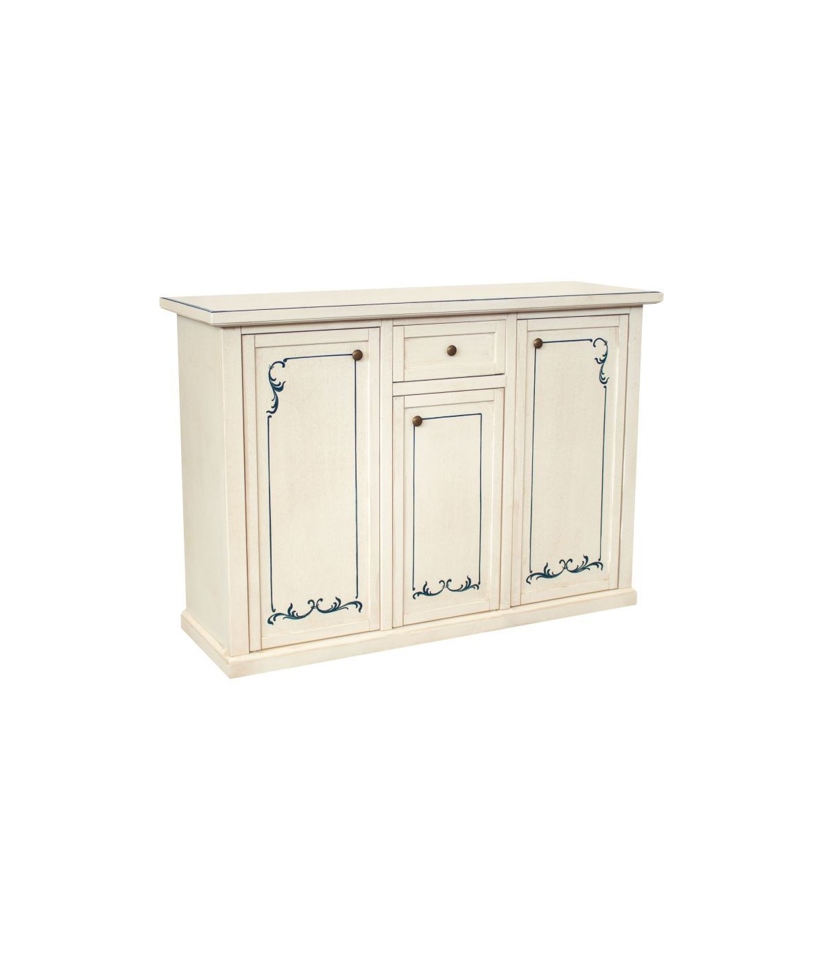 MOBILI 2G - Madia Credenza 3 porte 1 cassetto shabby bianco anticato decori blu 120X39X85 VISTA FRONTALE