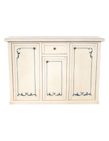 MOBILI 2G - Madia Credenza 3 porte 1 cassetto shabby bianco anticato decori blu 120X39X85 VISTA FRONTALE