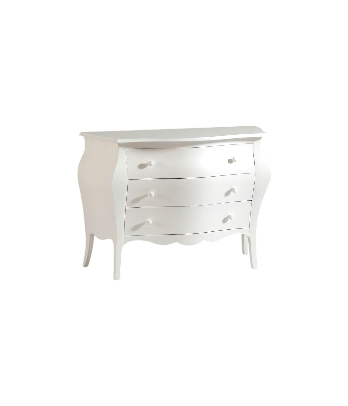 MOBILI 2G - Comò 3 cassetti bombato shabby legno bianco opaco 116X42X85 vista frontale