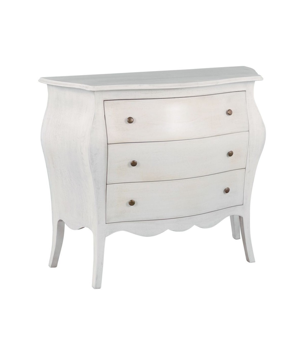 MOBILI 2G - Cassettiera sagomata 3 cassetti legno shabby bianco anticato 116x42X85 vista frontale