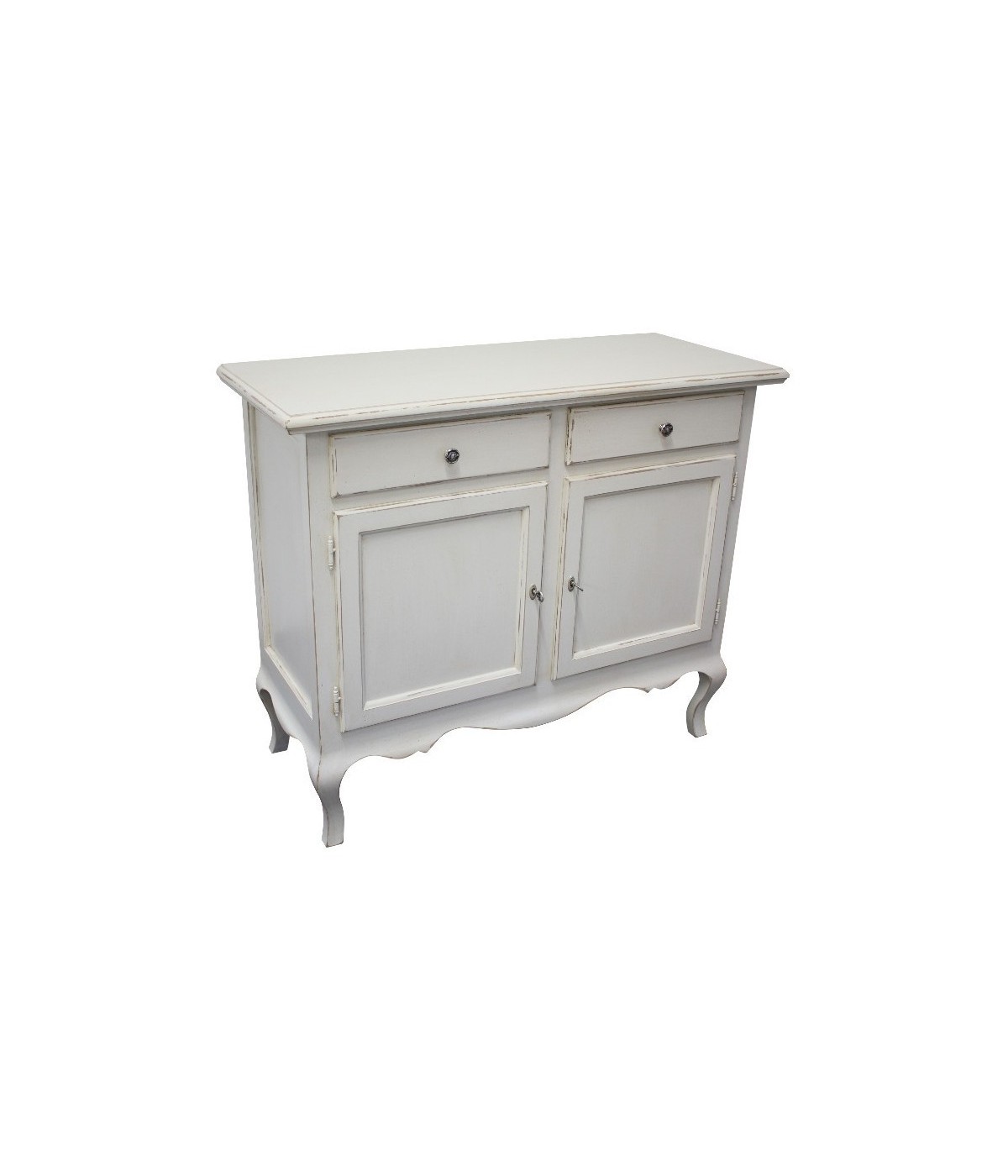 MOBILI 2G - Madia credenza 2 porte 2 cassetti legno shabby bianco consumato 114x49x97 (3064) VISTA FRONTALE