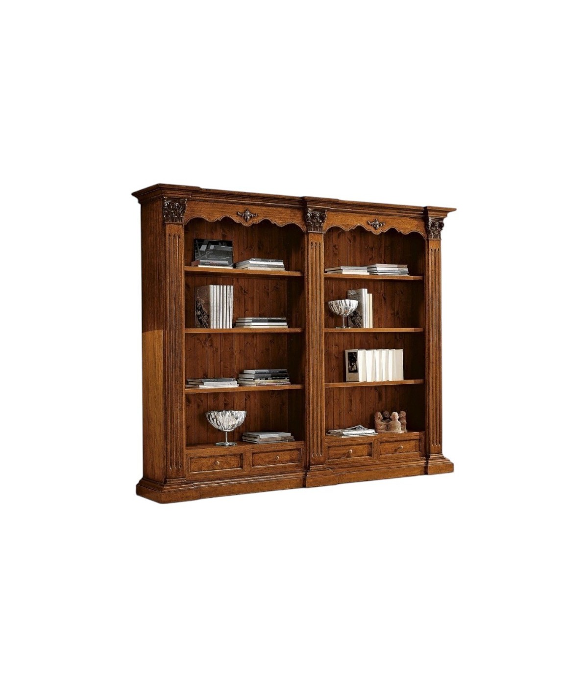 MOBILI 2G - LIBRERIA IN LEGNO TINTA NOCE STILE CORINTIO 254x49x211 vista frontale