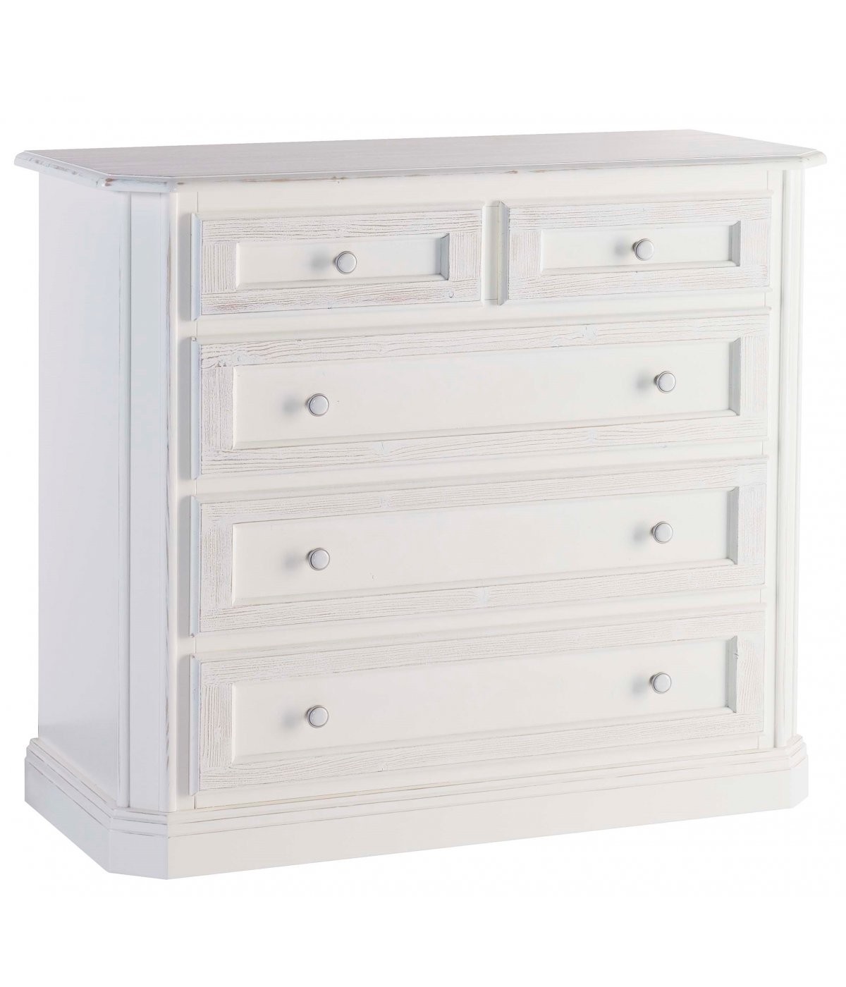 MOBILI 2G - Cassettiera 5 cassetti legno abete shabby bianco consumato 116X51X101 (308) VISTA FRONTALE