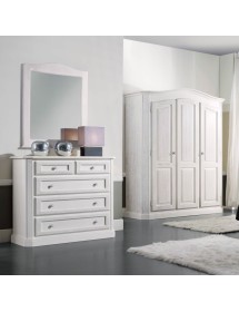 MOBILI 2G -  Gruppo cassettiera e due comodini legno shabby bianco spazzolato vista frontale