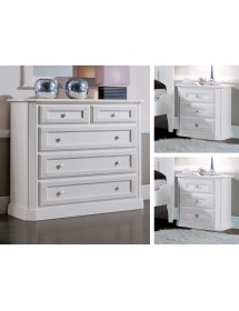 MOBILI 2G -  Gruppo cassettiera e due comodini legno shabby bianco spazzolato vista frontale