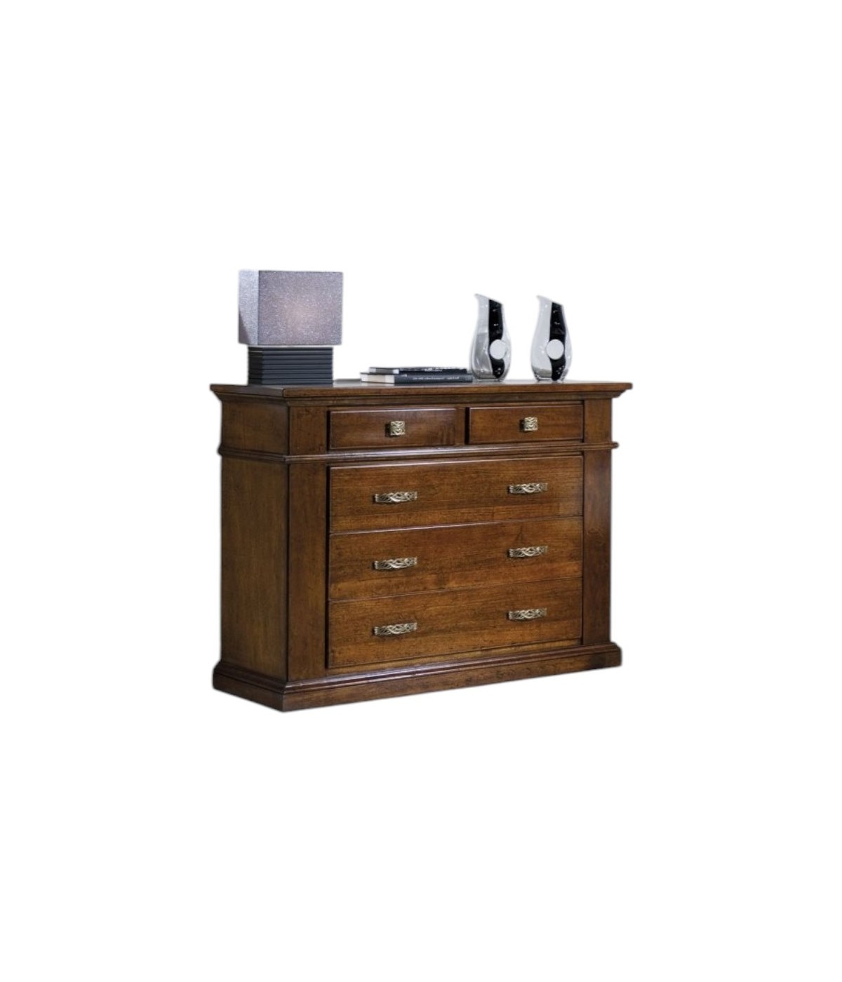 MOBILI 2G - CASSETTIERA CLASSICA IN LEGNO  5 CASSETTI TINTA NOCE L.128 x P.54 H.100 (2163) vista frontale