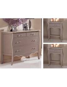 MOBILI 2G -  Gruppo cassettiera e due comodini legno shabby tortora filo avorio (1479+1480) vista frontale