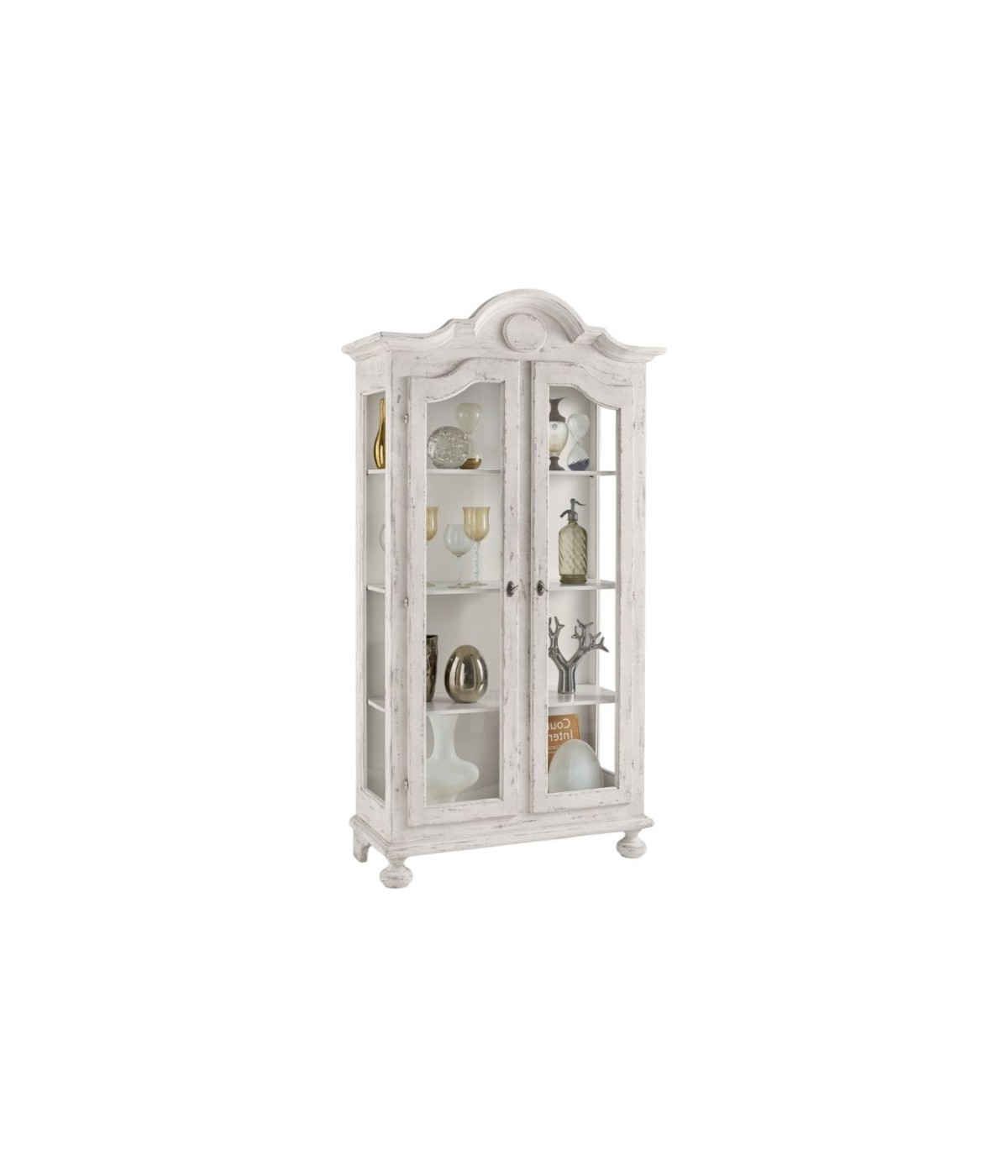 MOBILI 2G - Vetrina 2 porte shabby legno bianco consumato 103X45X197 (958) VISTA FRONTALE