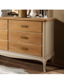 Gruppo cassettiera e due comodini legno shabby bicolore noce grano tortora patinato