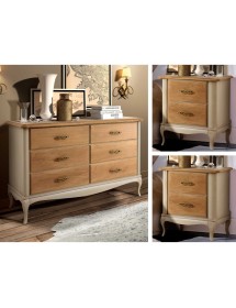 Gruppo cassettiera e due comodini legno shabby bicolore noce grano tortora patinato
