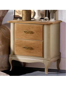 Gruppo cassettiera e due comodini legno shabby bicolore noce grano tortora patinato