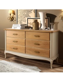 Gruppo cassettiera e due comodini legno shabby bicolore noce grano tortora patinato