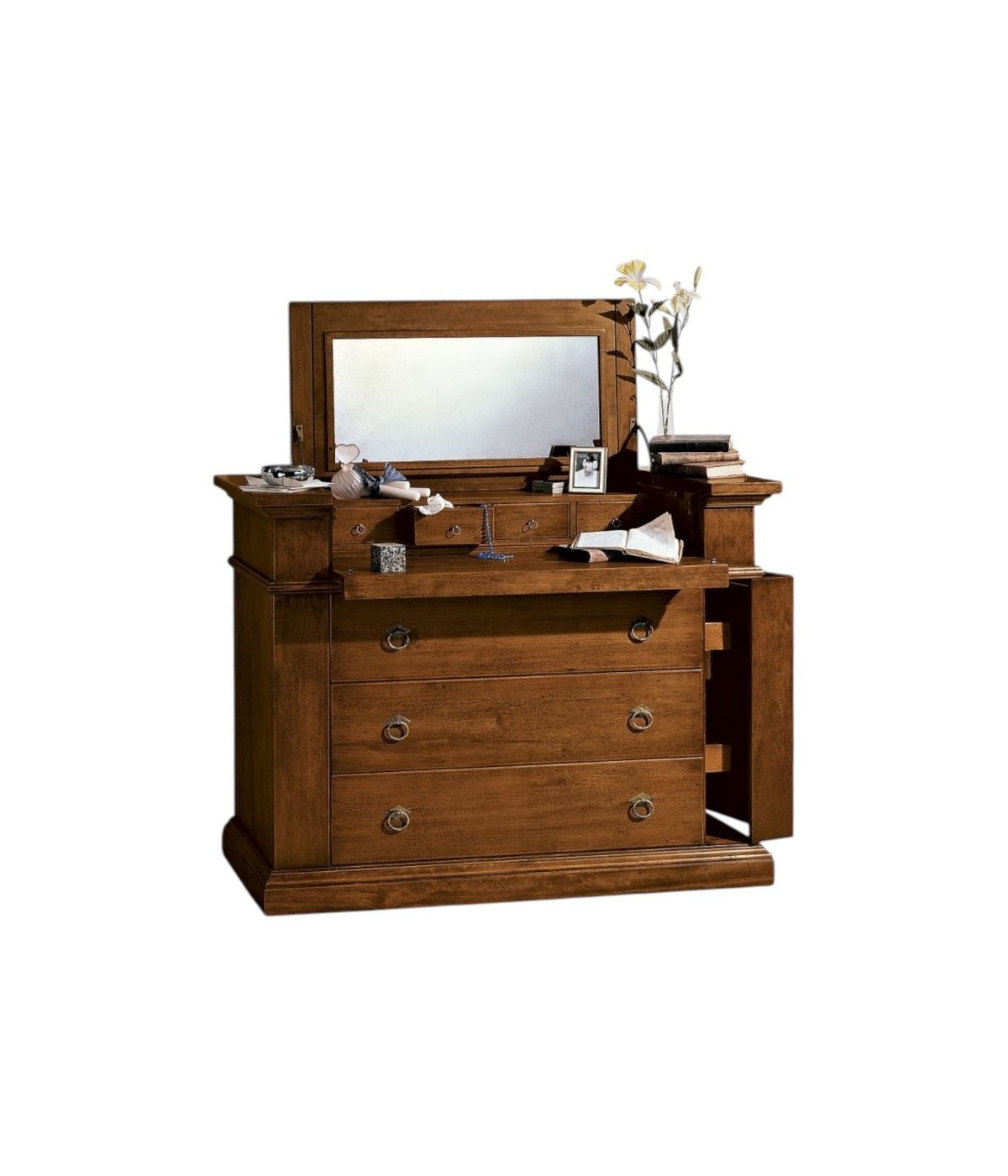 MOBILI 2G -  Cassettiera 7 cassetti classica con ribalta legno tinta noce 126x53x98 (530) VISTA FRONTALE