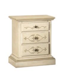 MOBILI 2G - Comodino 3 cassetti legno shabby avorio anticato decorato filo verde 51x40x64 (1471) VISTA FRONTALE