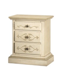 MOBILI 2G - Comodino 3 cassetti legno shabby avorio anticato decorato filo verde 51x40x64 (1471) VISTA FRONTALE