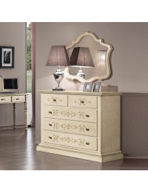 MOBILI 2G - Cassettiera 5 cassetti legno shabby avorio anticato decorato filo verde 125x51x98 (1470) vista frontale