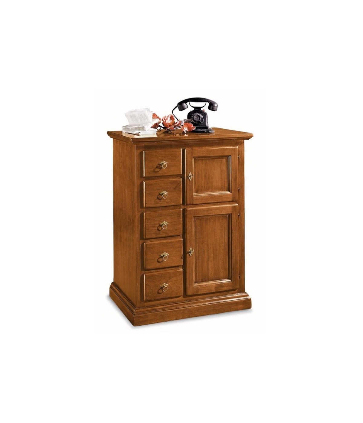 MOBILI 2G - madia cassettiera legno 5 cassetti tinta noce L.75 P.40 H.100 (1239) vista frontale