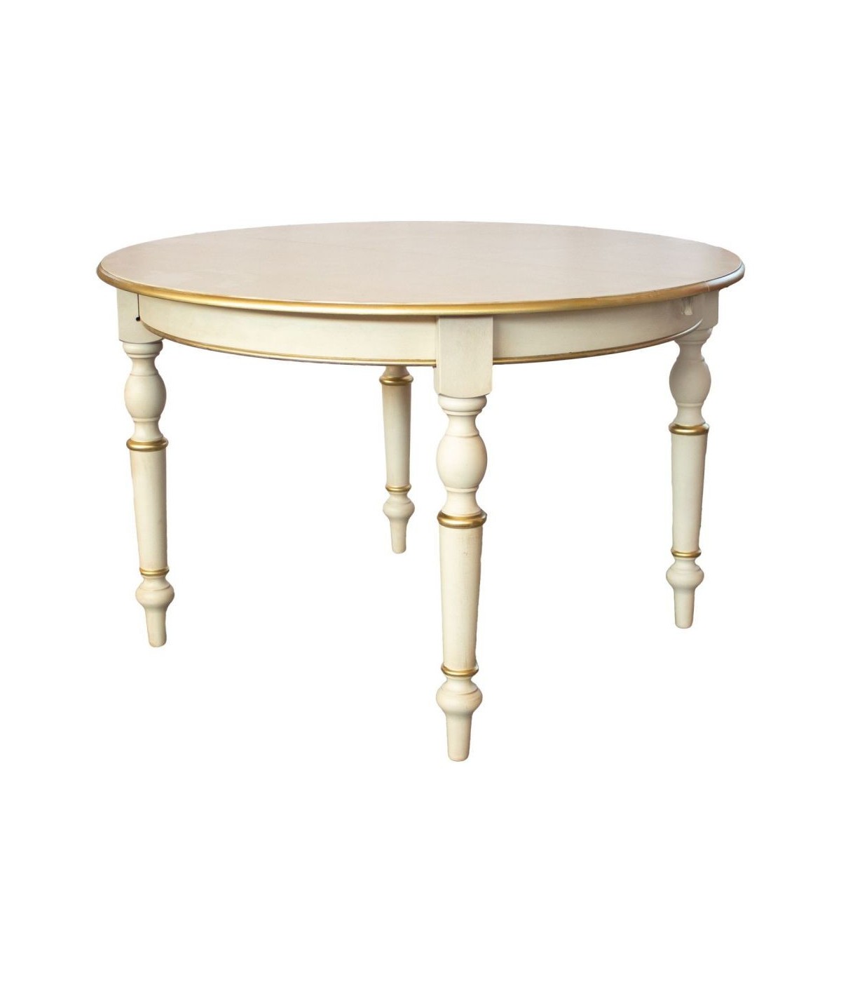 MOBILI 2G - Tavolo rotondo allungabile legno shabby avorio anticato oro 100x100x80 120x120x80 vista frontale