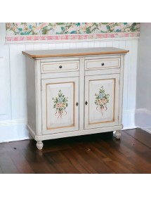 MOBILI 2G - Credenza 2 porte legno shabby bianco anticato filo arancione decori 105X45X98 vista frontale